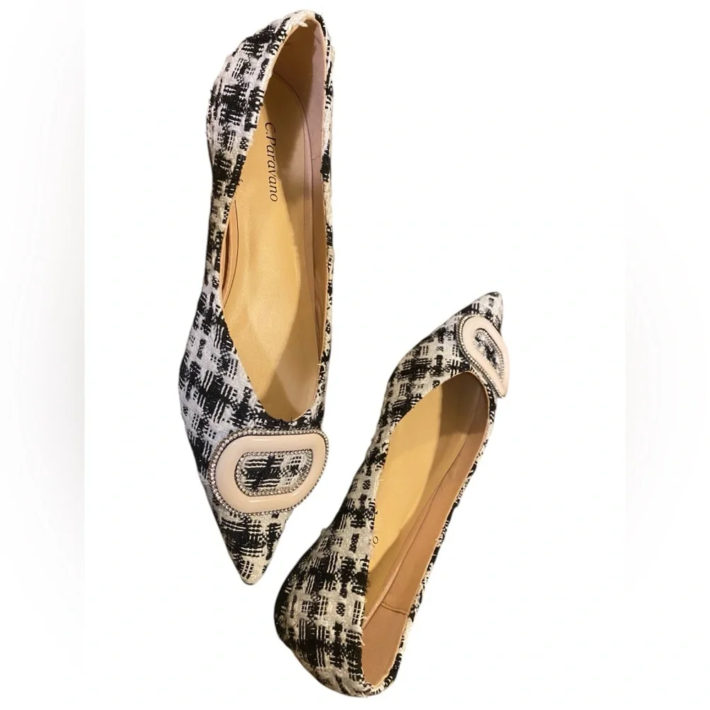 C. Paravano~Women’s Pointed Toe Leather Designer Ballet Flats, Black/White - Picture 6 of 15